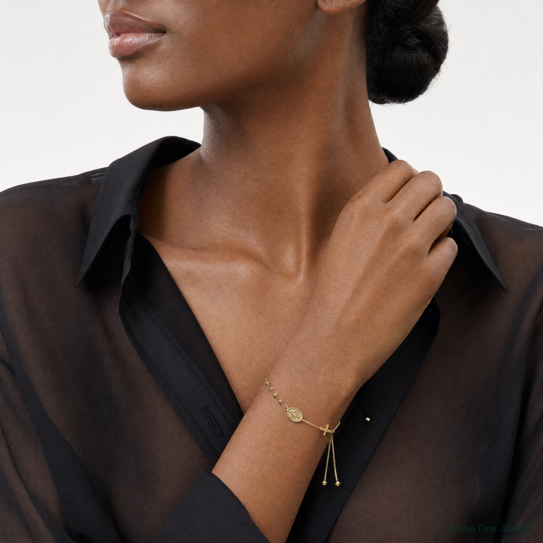 Sterling Silver Gold-tone Miraculous Medal Adjustable Bracelet - Model Shot