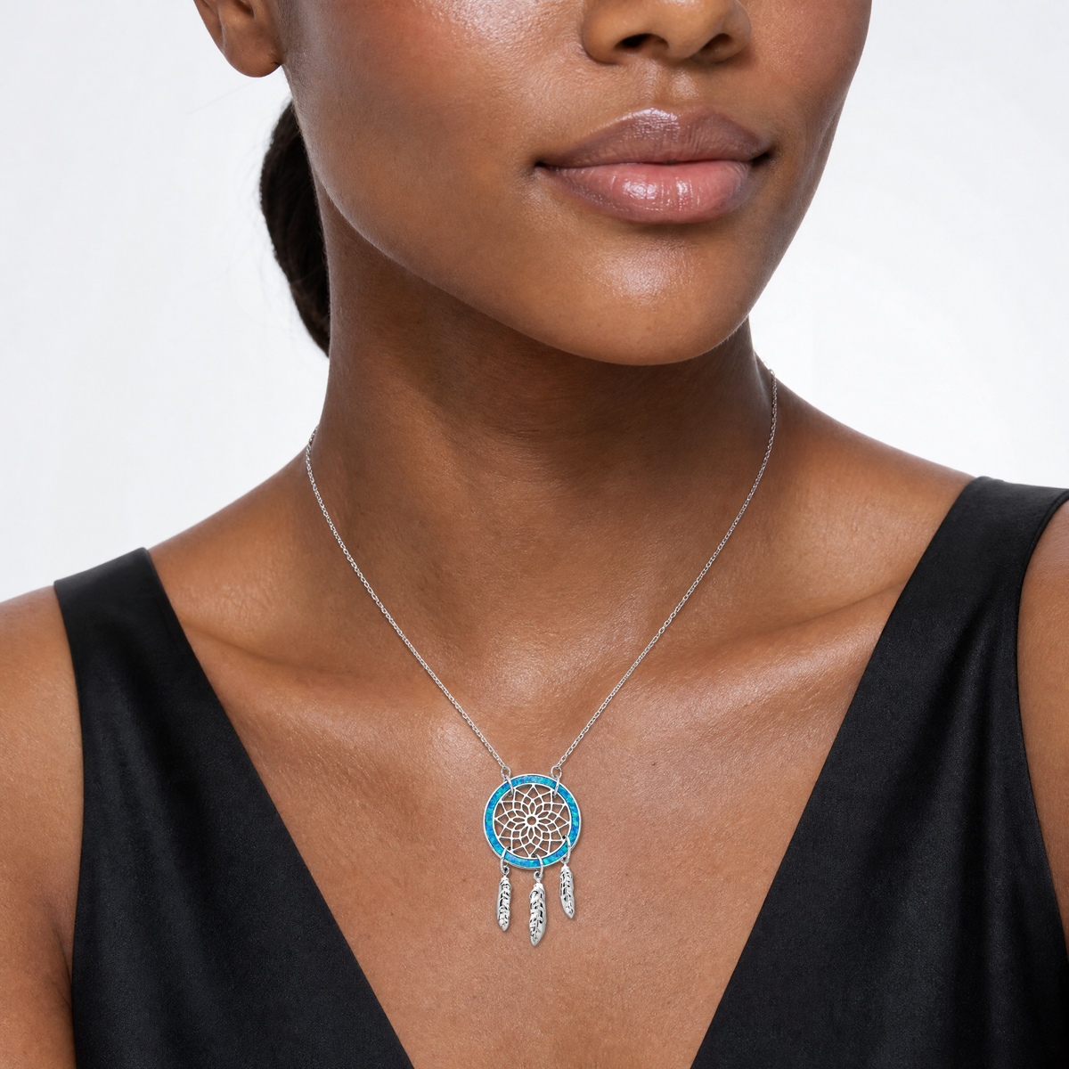 Sterling Silver Rhod-pltd Created Opal Dreamcatcher w/2in ext Necklace - Model Shot