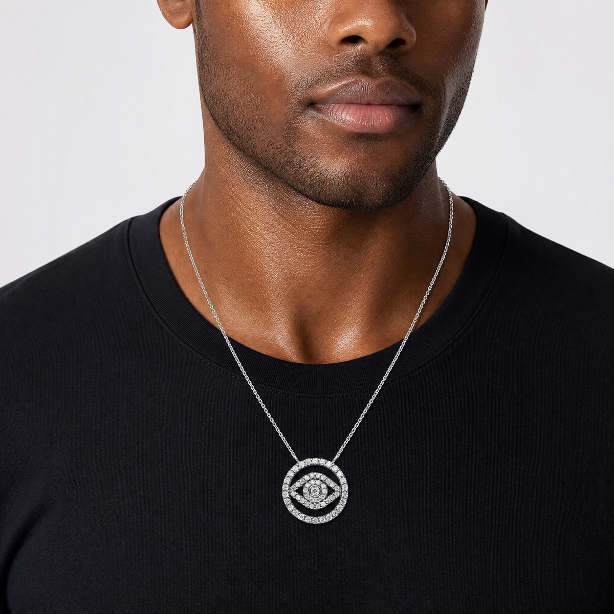 Sterling Silver Rhodium Plated CZ Evil Eye Necklace w/2in ext. - Model Shot