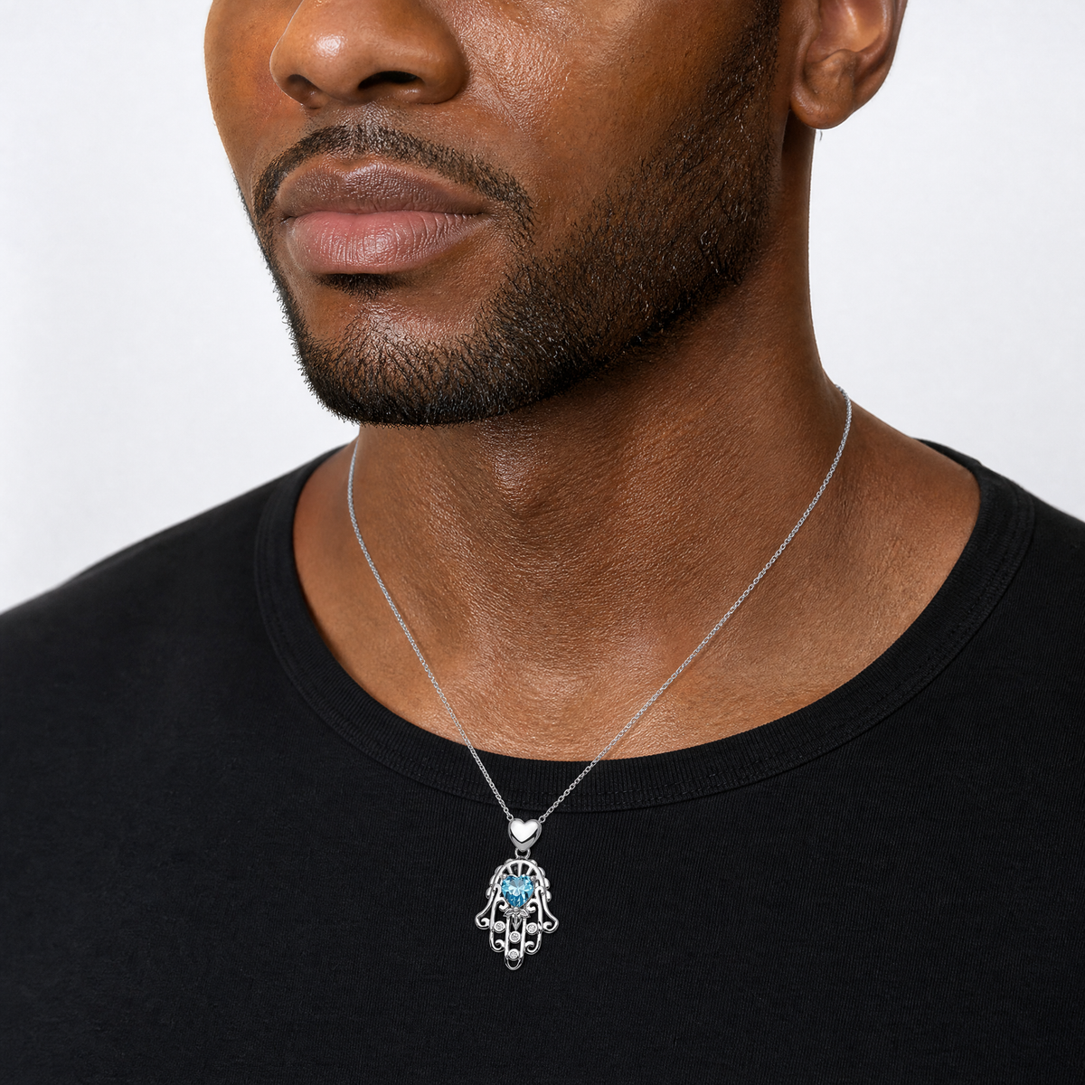 Sterling Silver Blue and Clear CZ Hamsa Necklace - Model Shot
