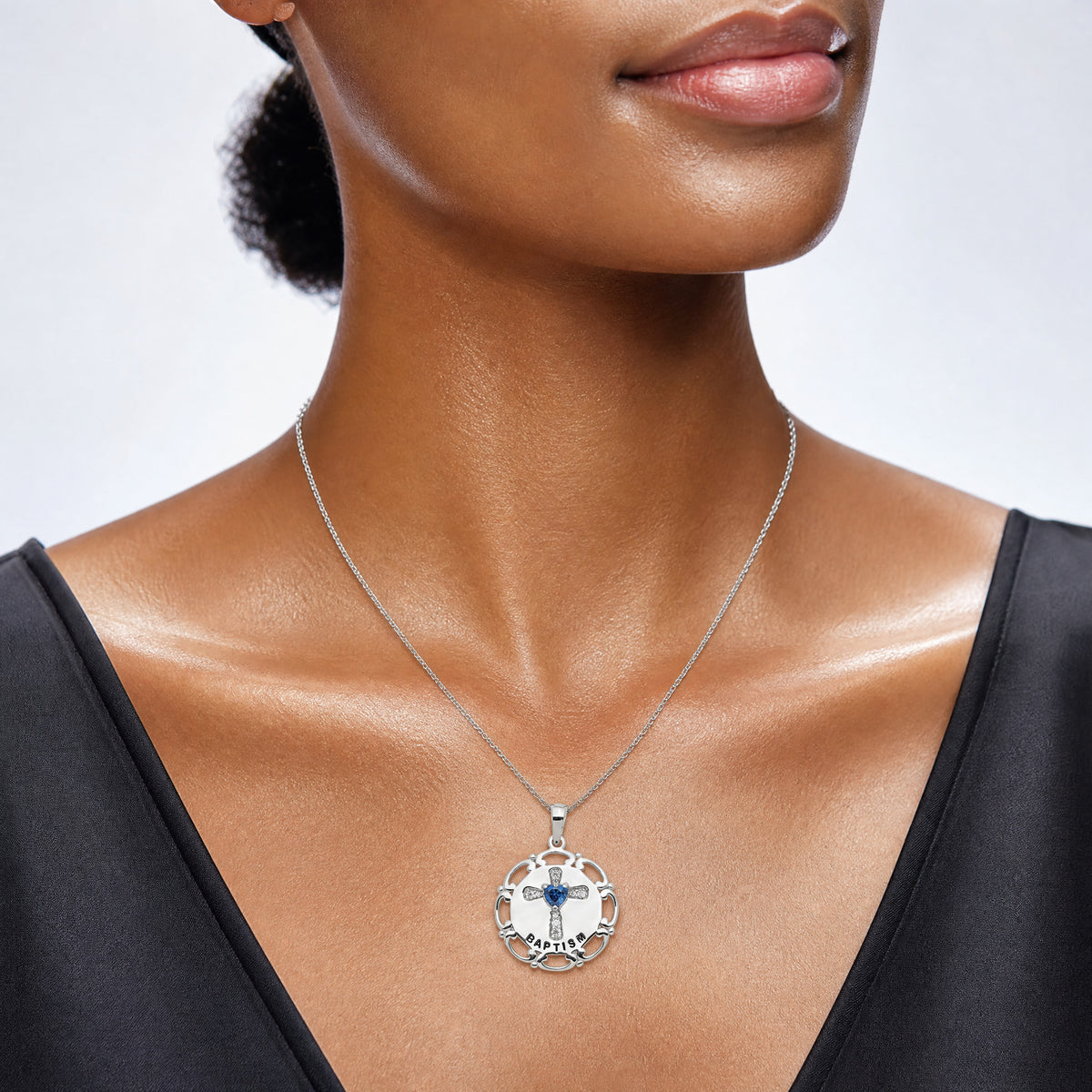 Sterling Silver Enameled Blue & Clear CZ Cross Necklace - Model Shot