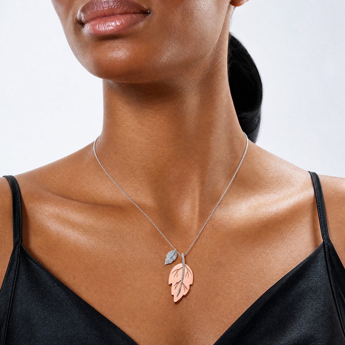 Sterling Silver Rose-tone CZ Leaf w/ 2in ext. Necklace - Model Shot