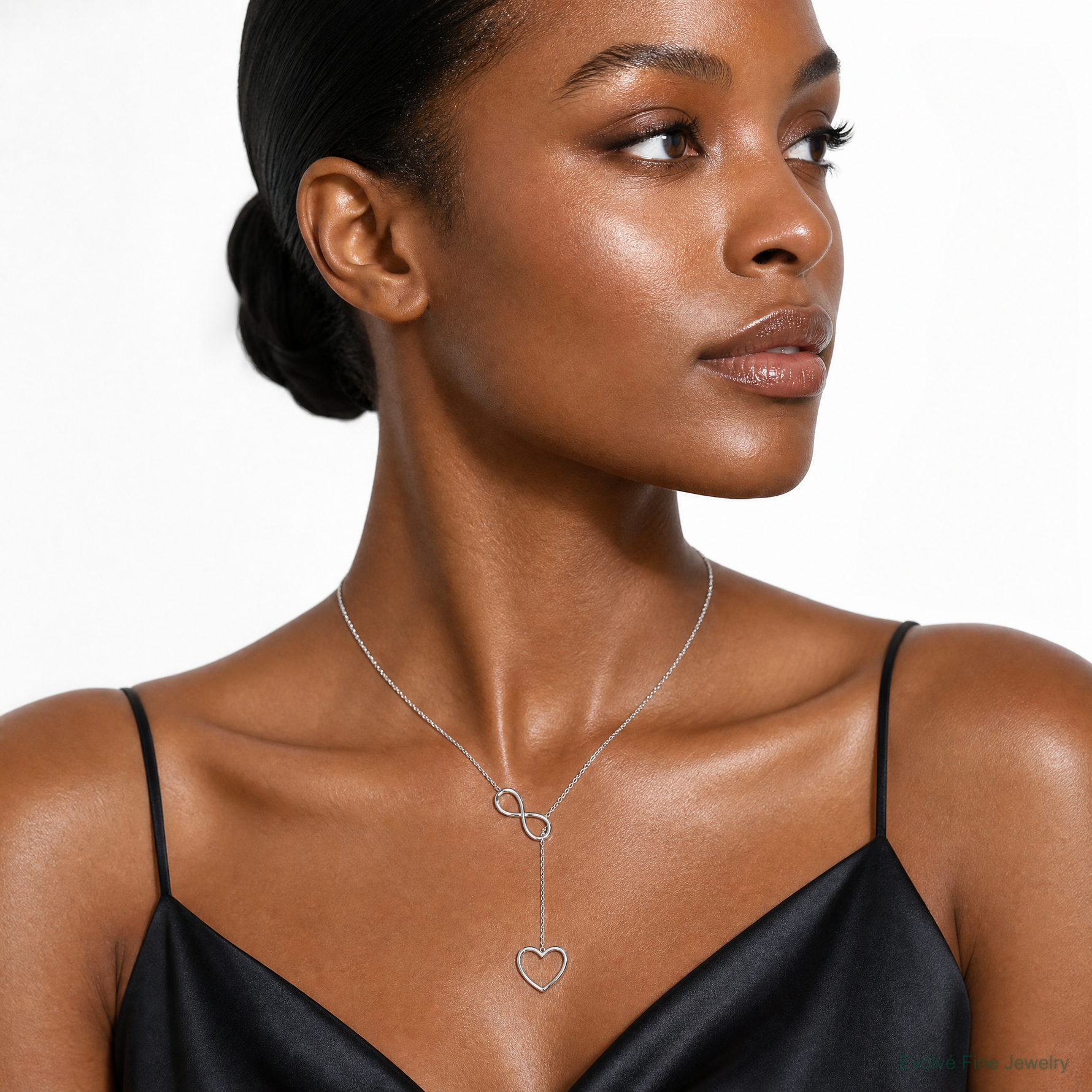 Sterling Silver Rhod-plated Infinity Drop Heart w/2 in ext Necklace - Model Shot