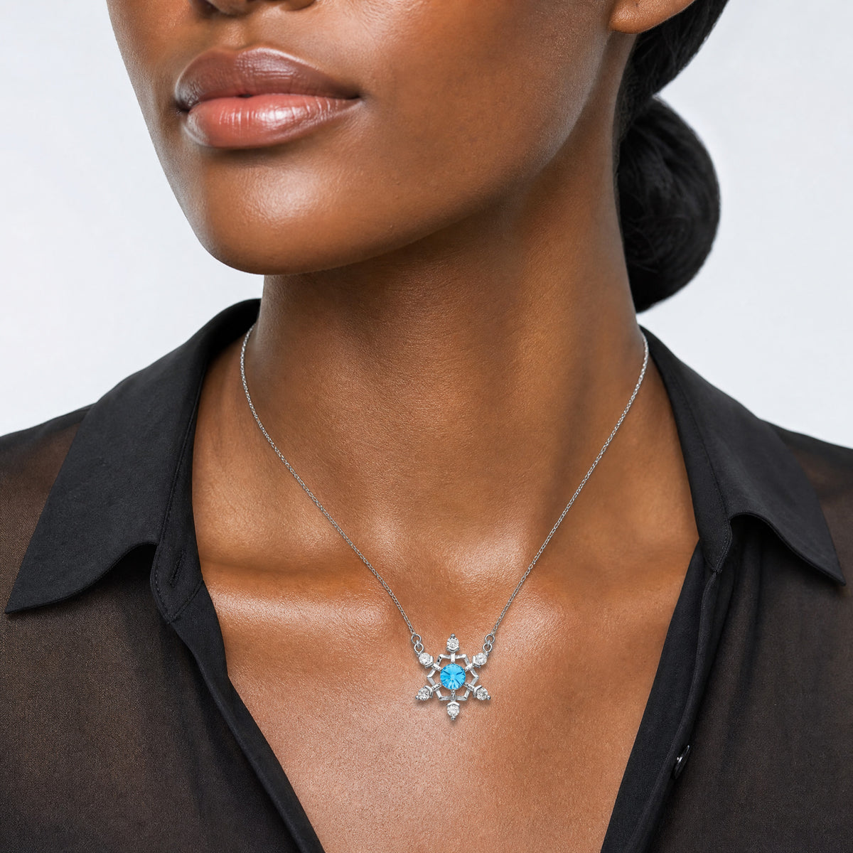 Sterling Silver RH-plated Blue/Clear Crystal Snowflake w/2in ext Necklace - Model Shot