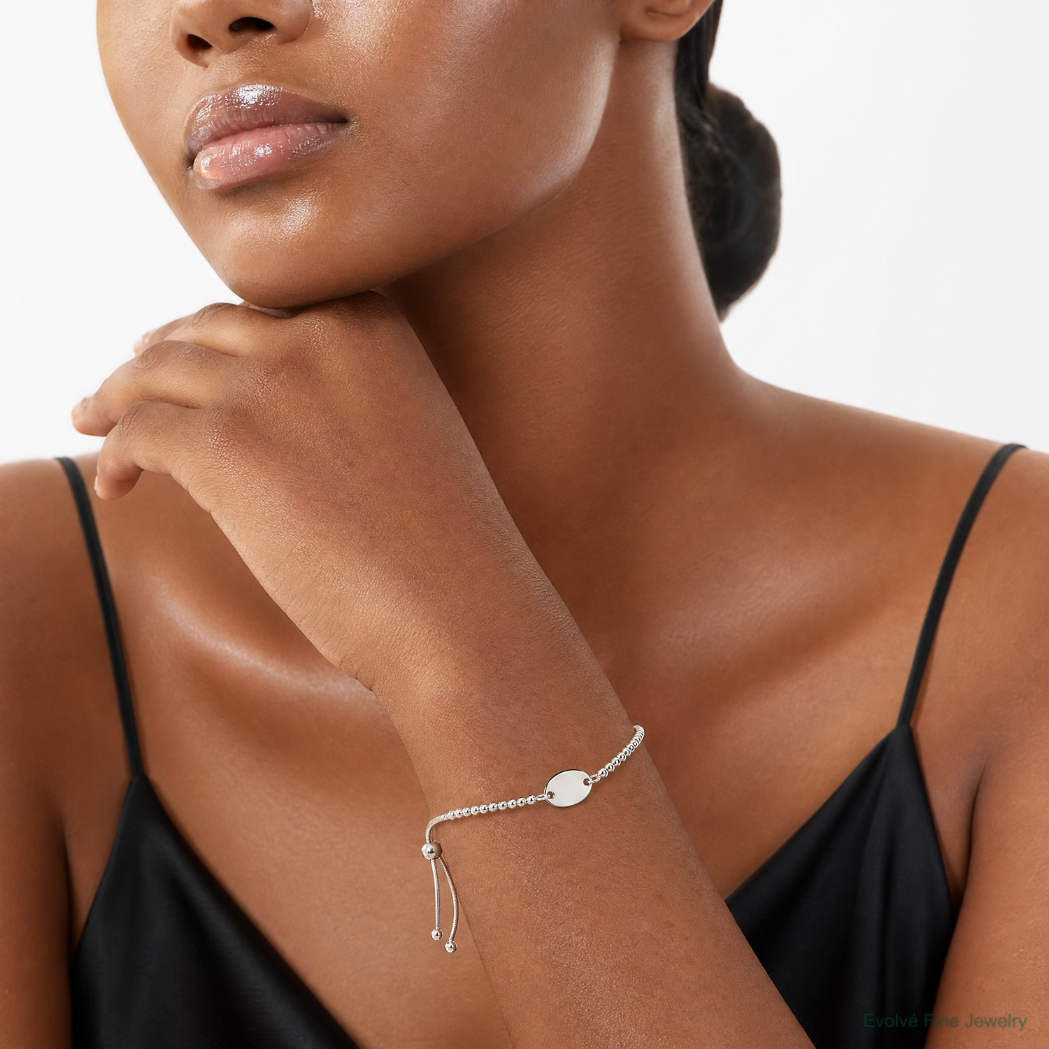 Sterling Silver Polished Beaded Adjustable Bracelet - Model Shot
