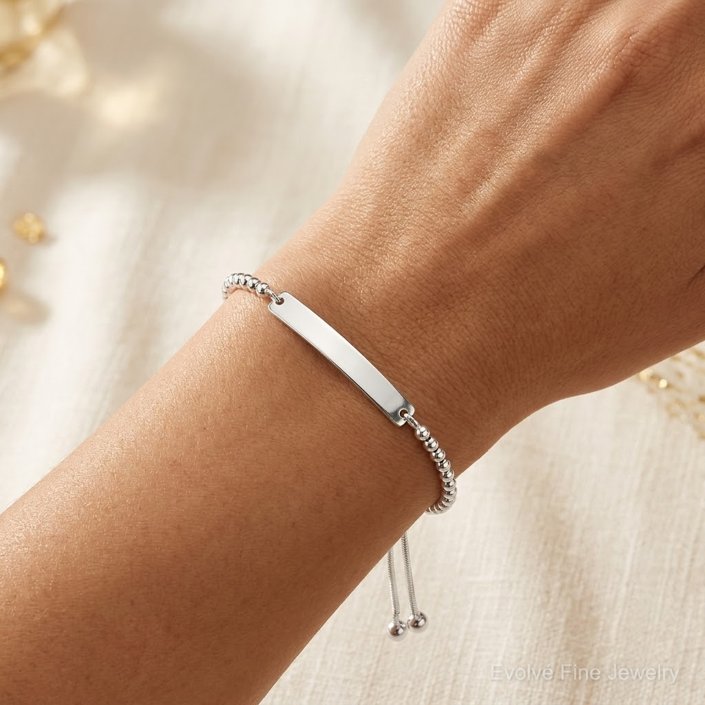 Sterling Silver Polished Beaded Adjustable ID Bracelet - Model Shot