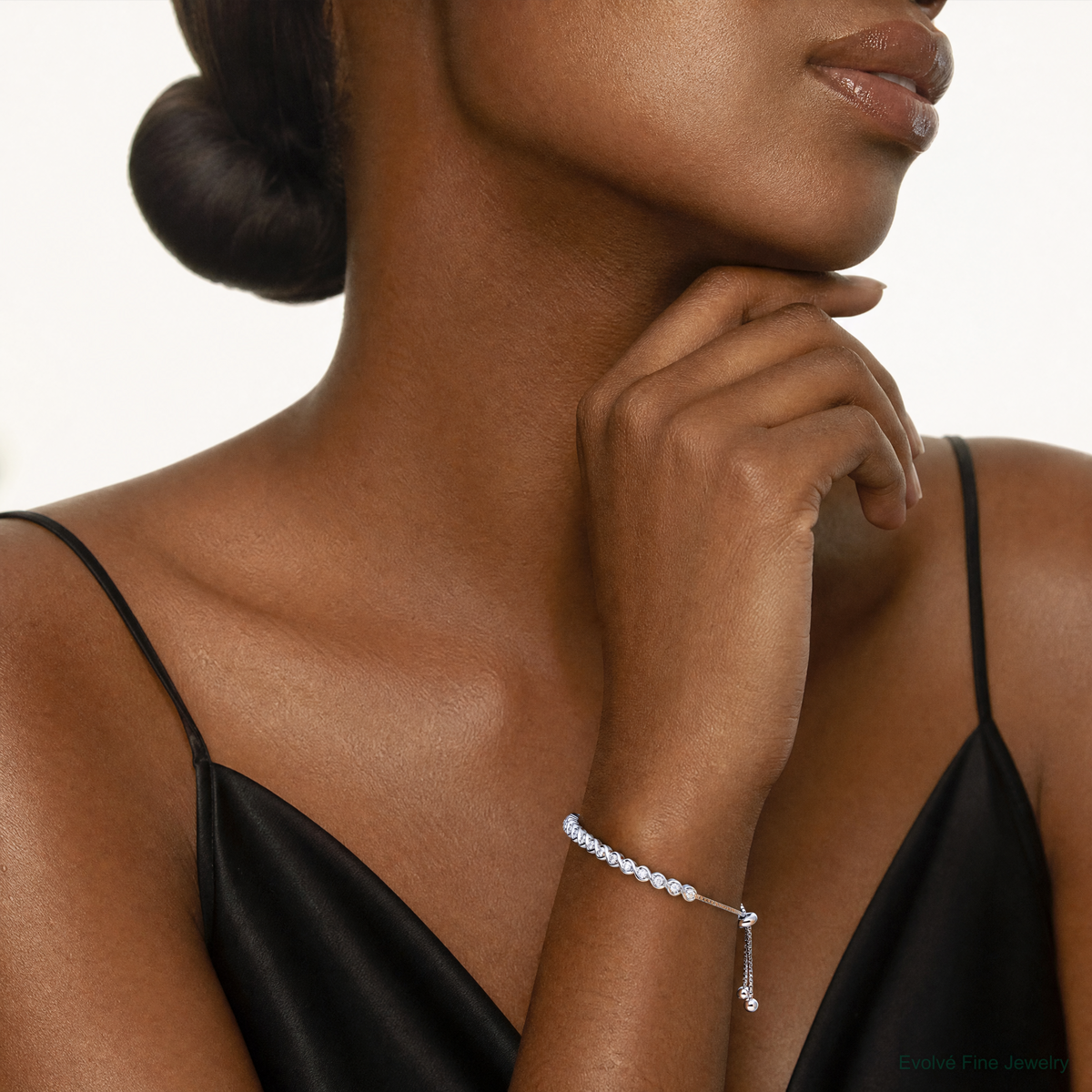 Sterling Silver Polished Rhodium-plated CZ Adjustable Bracelet - Model Shot