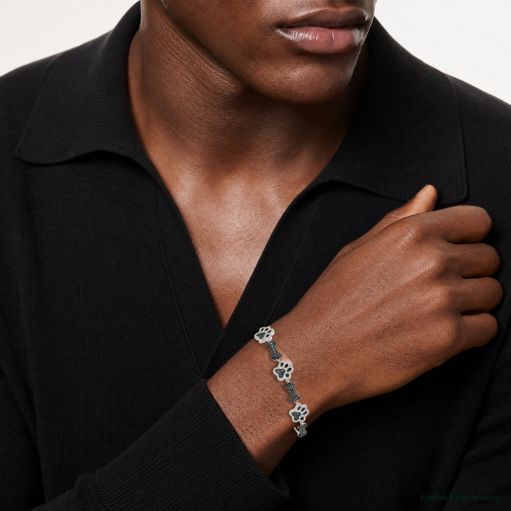 Sterling Silver Rhodium-plated CZ Paw Print & Dog Bone Adj Bracelet - Model Shot