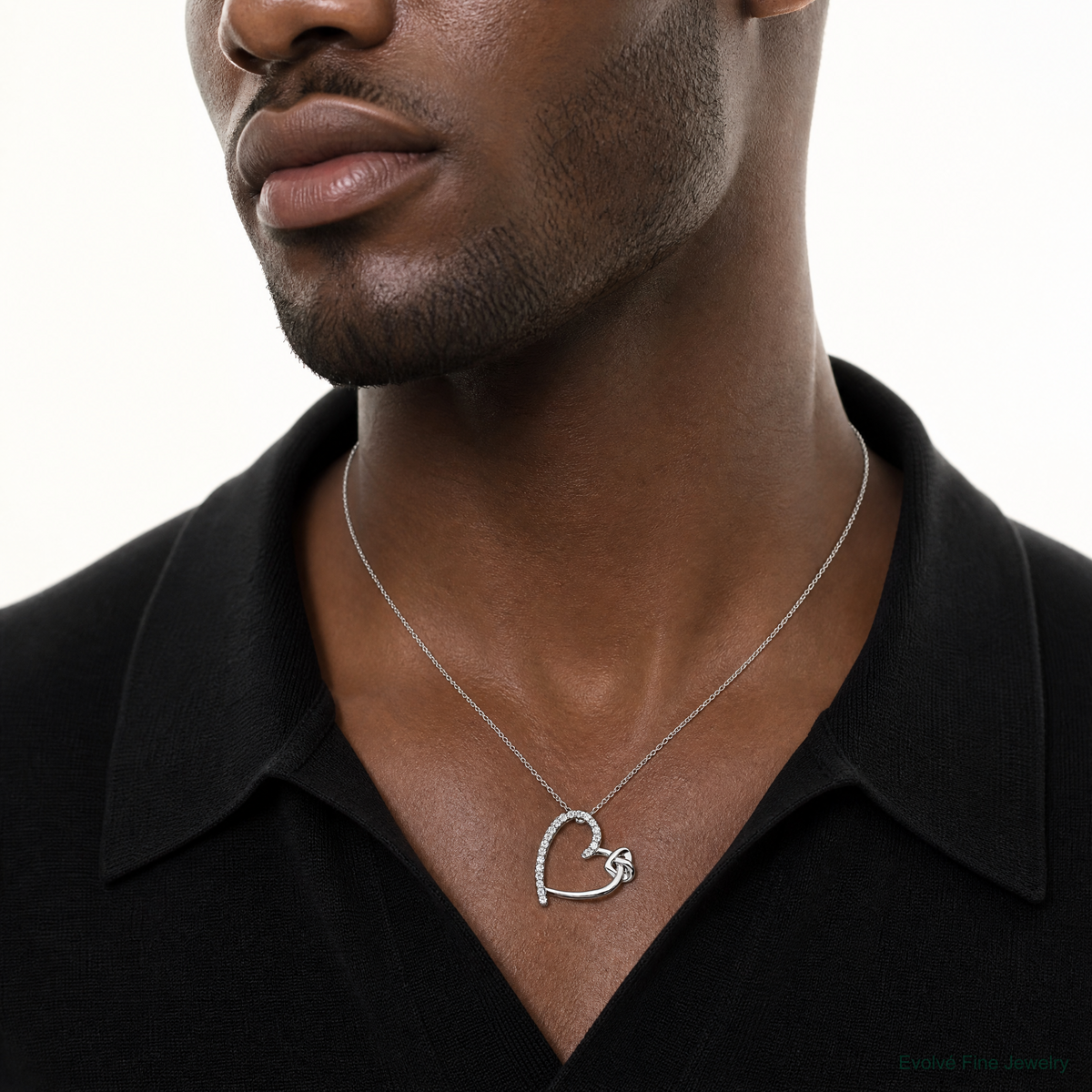 Sterling Silver Polished Rhodium-plated CZ Heart 18in Necklace - Model Shot