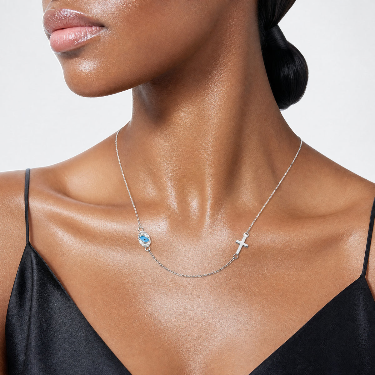 Sterling Silver RH CZ Enamel Cross w/Eye 16.5in w/2in ext Necklace - Model Shot
