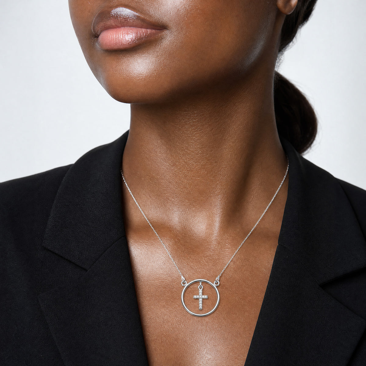 Sterling Silver CZ Cross in Circle Necklace - Model Shot