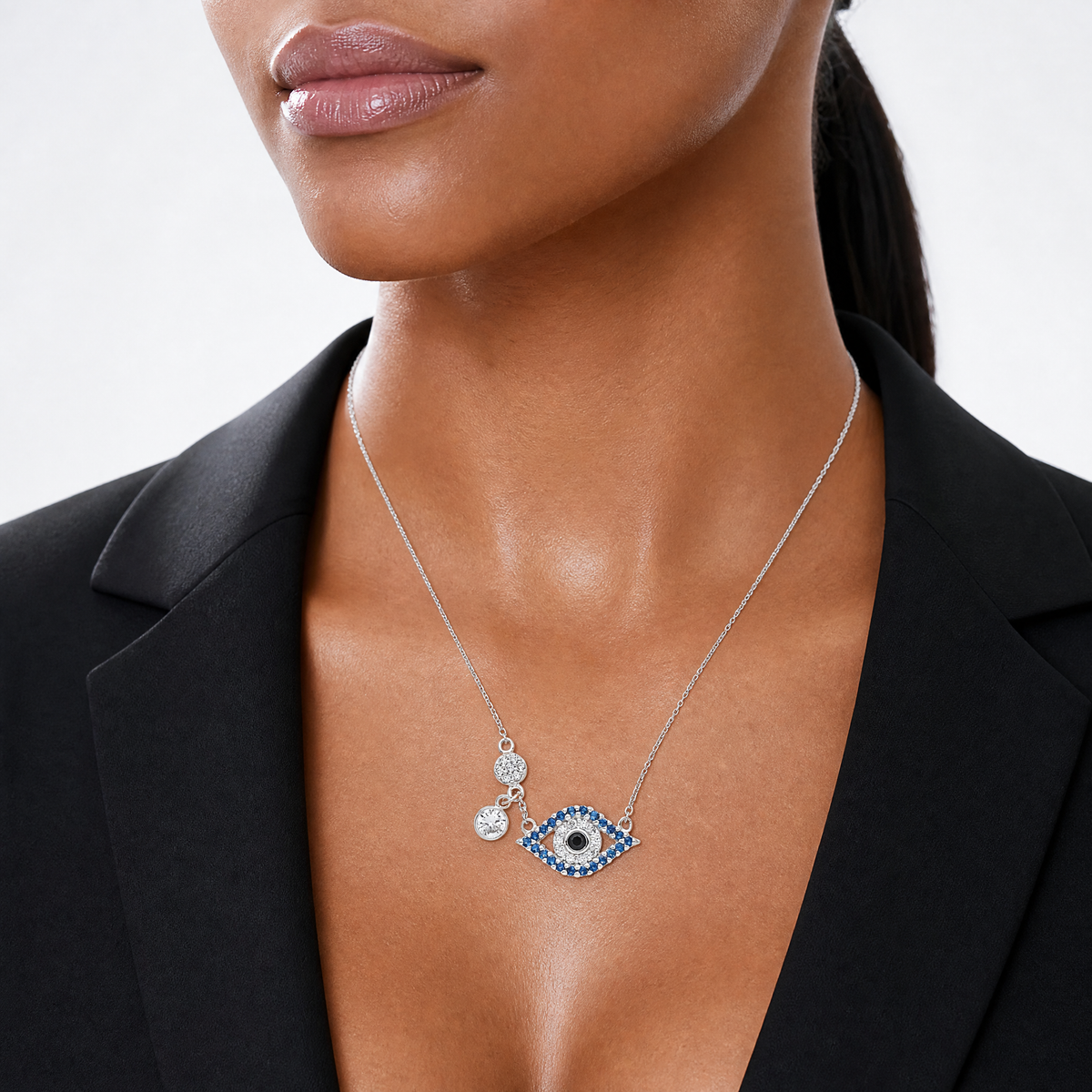 Sterling Silver Polished CZ Evil Eye Necklace - Model Shot