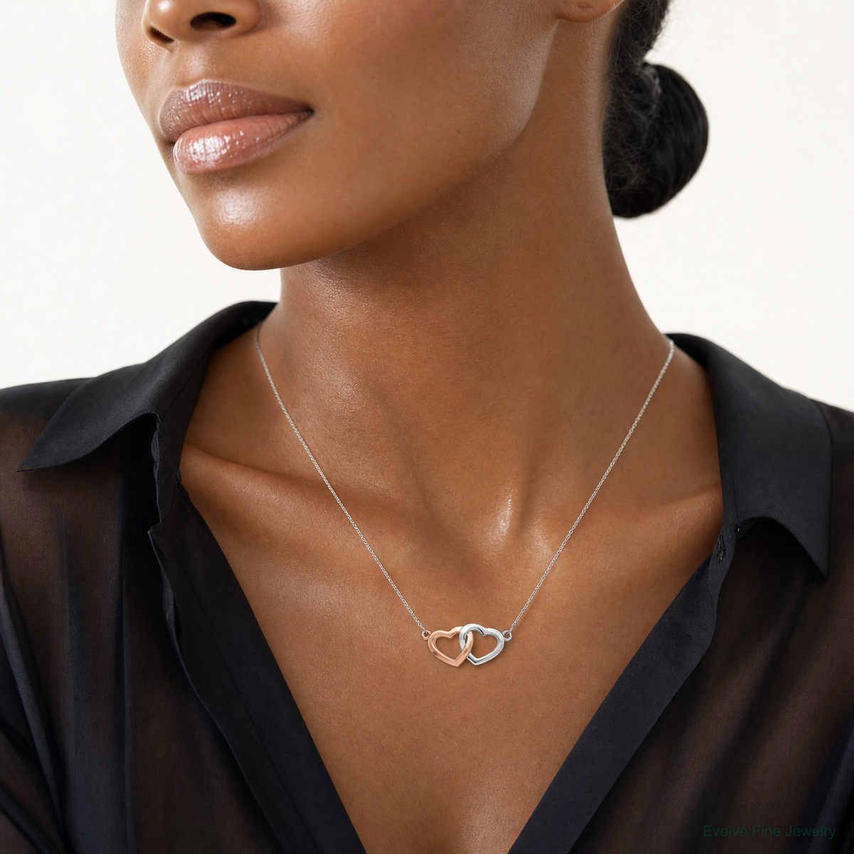 Sterling Silver Rhodium-plated Rose-tone Polished Hearts Necklace - Model Shot