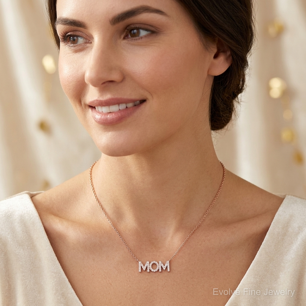 Sterling Silver Polished Rose-tone CZ MOM 18in Necklace - Model Shot