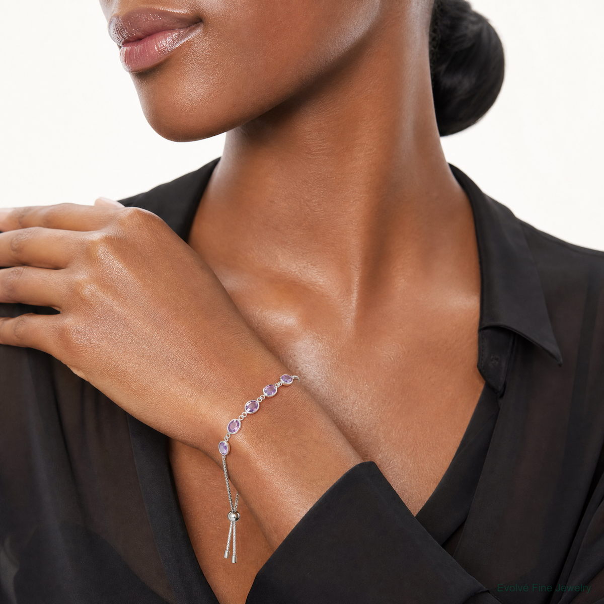SterlingSilver Rhod-plated Amethyst 7.5AM & CZ Adjustable Bracelet - Model Shot