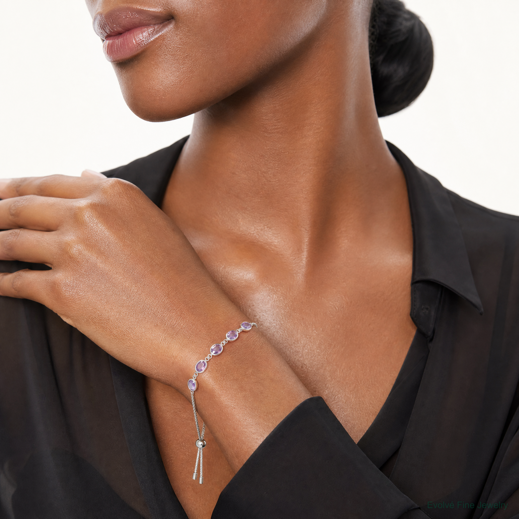 SterlingSilver Rhod-plated Amethyst 7.5AM & CZ Adjustable Bracelet - Model Shot