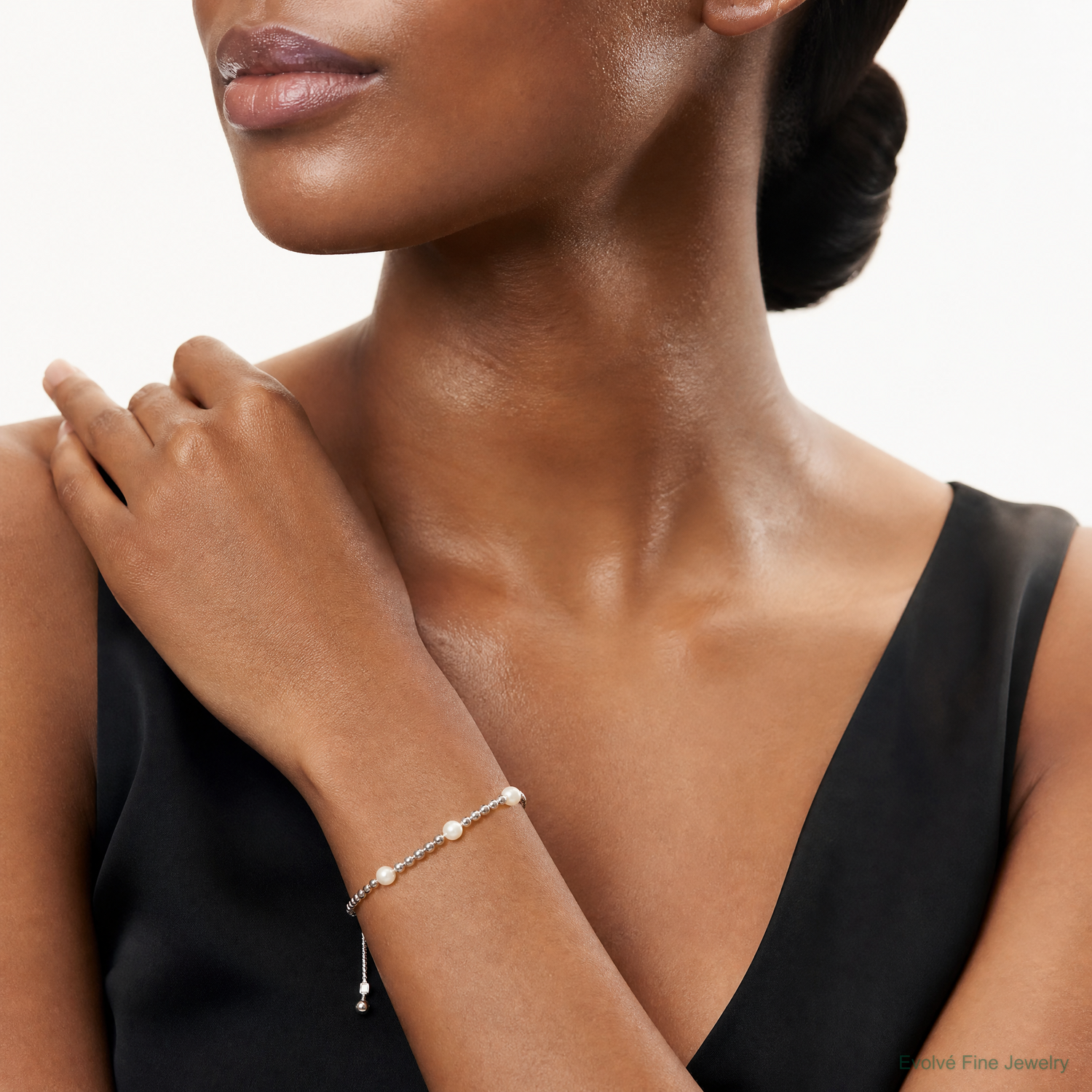 Sterling Silver Polished Beaded and Synthetic Pearl Adjustable Bracelet - Model Shot