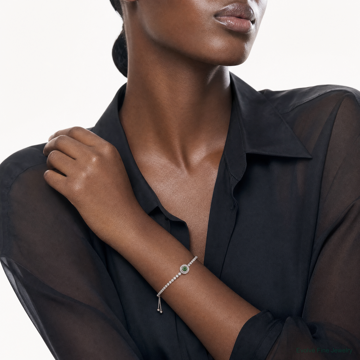 Sterling Silver Rhodium-plated CZ and Green Glass Adjustable Bracelet - Model Shot
