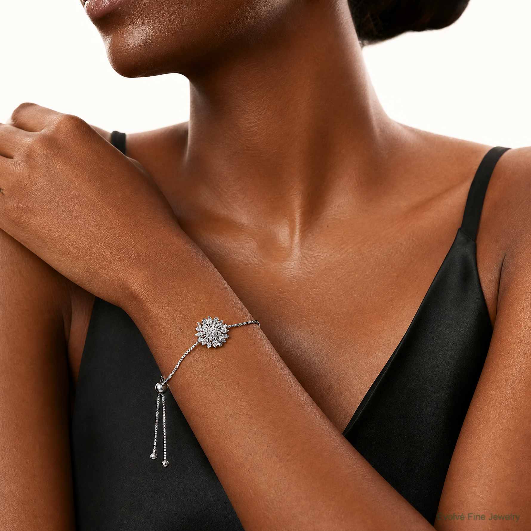 Sterling Silver Rhodium-plated Floral CZ Adjustable Bolo Bracelet - Model Shot