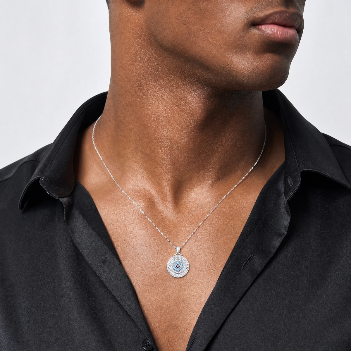 Sterling Silver Rh-plated Created Blue Spinel and CZ Evil Eye 18in Necklace - Model Shot