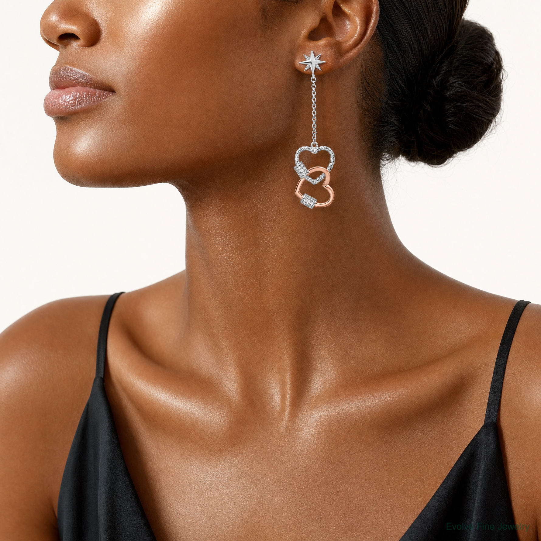 Pure Fire Sterling Silver Rhod-plated Rose-tone CZ Hearts Dangle Post Earri - Model Shot