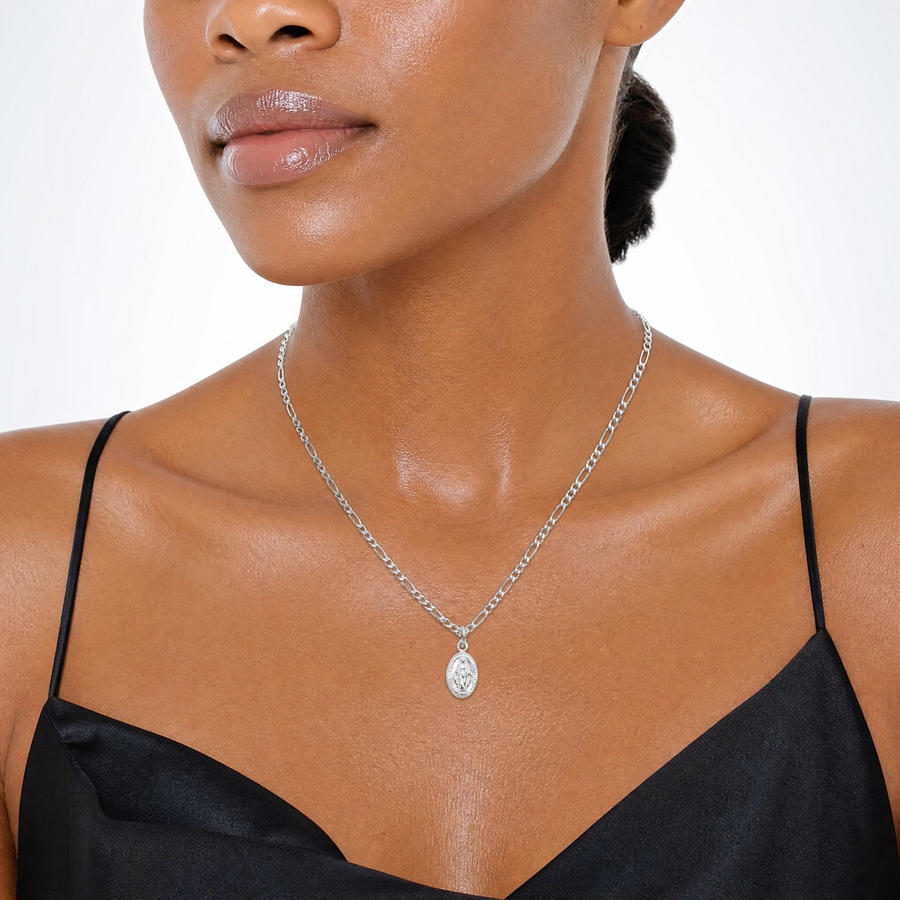 Sterling Silver RH-plated Miraculous Medal Link 16in w/2in ext. Necklace - Model Shot