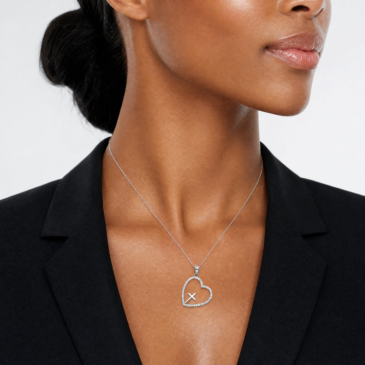 Sterling Silver Rhodium-plated CZ Open Heart with Cross 18in Necklace - Model Shot