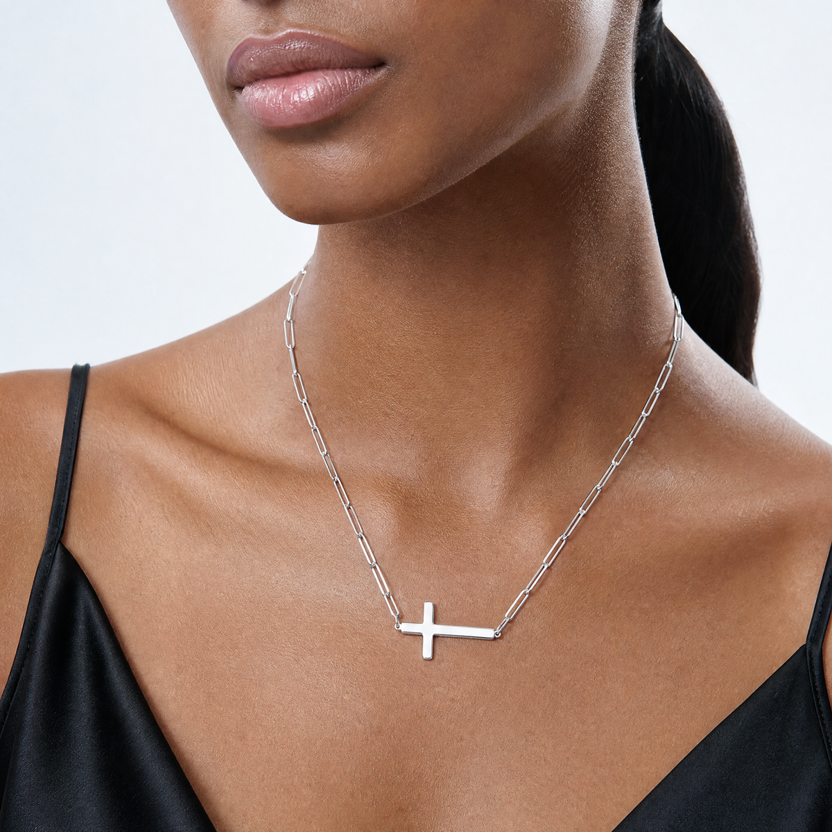 Sterling Silver E-Coated Cross Paperclip Link w/2 in ext Necklace - Model Shot