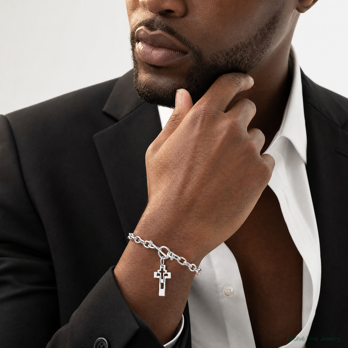 Sterling Silver E-Coated Double Open Cross Toggle Bracelet - Model Shot