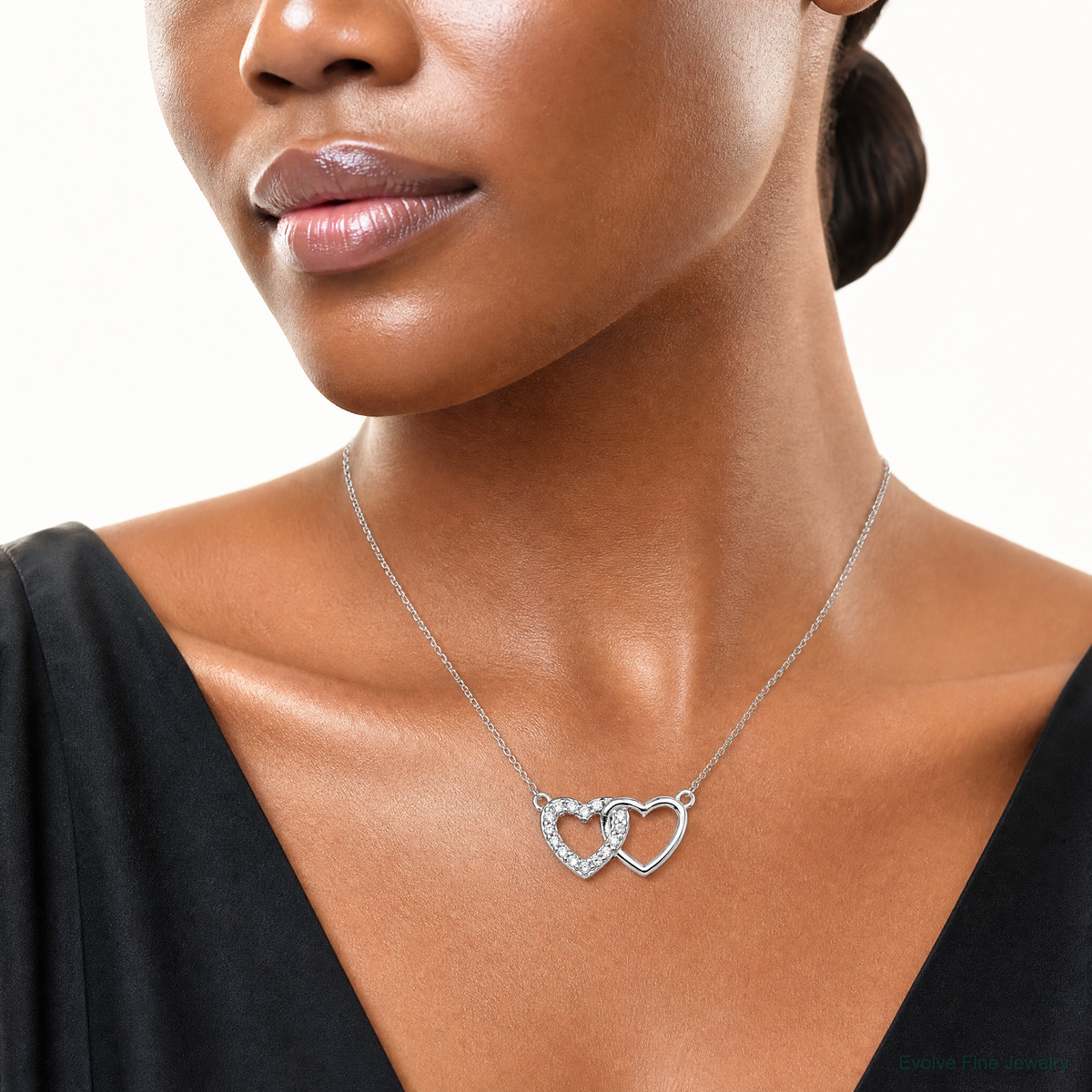 Sterling Silver E-Coating CZ Double Heart 16in w/2in ext Necklace - Model Shot
