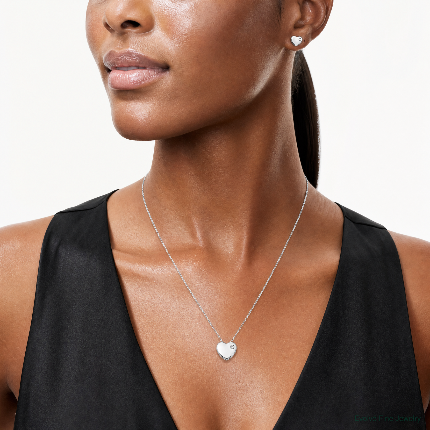 Sterling Silver RH-plated CZ Heart 18in Necklace and Post Earring Set - Model Shot