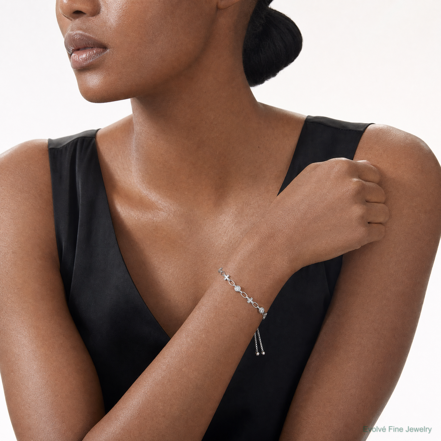 Sterling Silver Rhodium-plated Polished CZ and Cross Bolo Bracelet - Model Shot