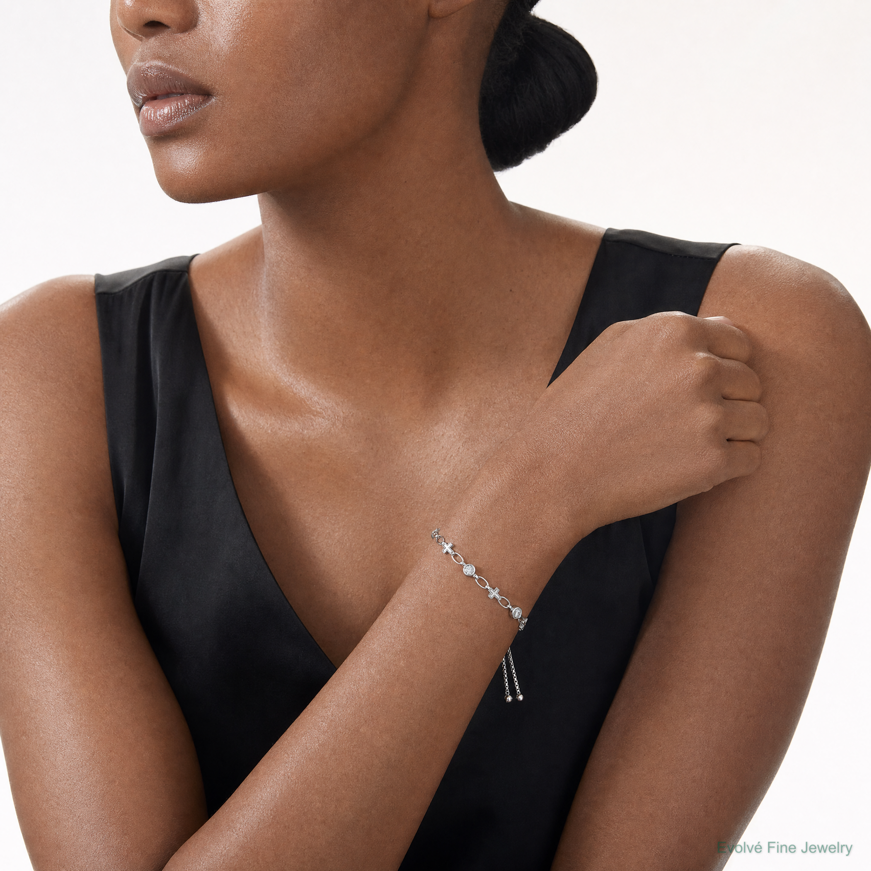Sterling Silver Rhodium-plated Polished CZ and Cross Bolo Bracelet - Model Shot