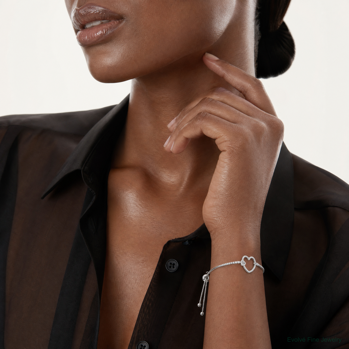 Sterling Silver Rhodium-plated CZ Heart Adjustable Bolo Bracelet - Model Shot