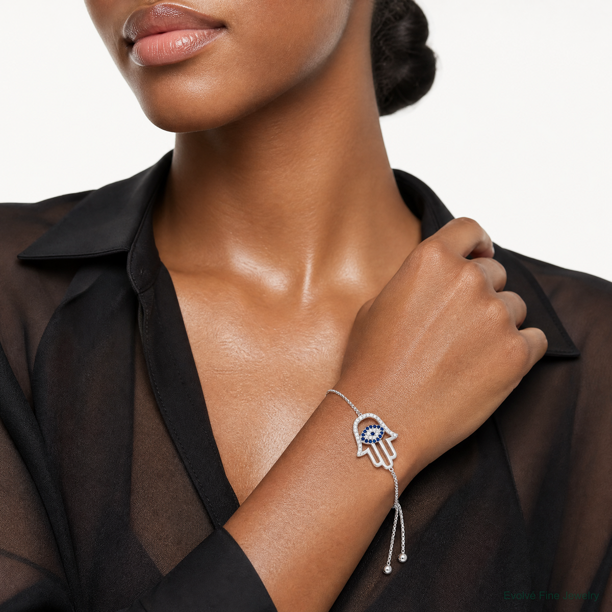 SS RH-pltd Polished CZ and Cr. Blue Spinel Evil Eye Hamsa Adj Bolo Bracelet - Model Shot