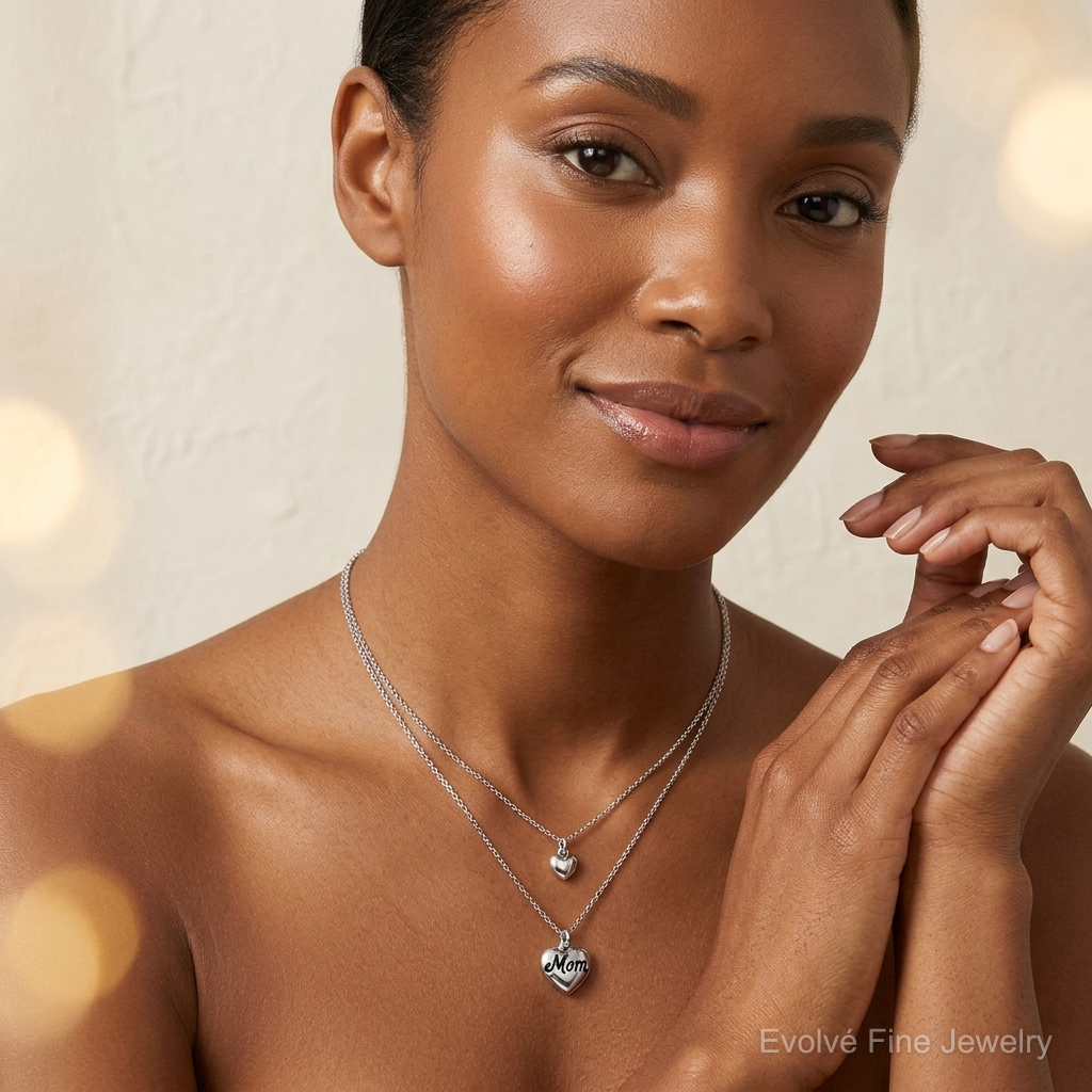 Sterling Silver Rhod-plated 2 Strand Enamel Mom Heart w/1in ext Necklace - Model Shot