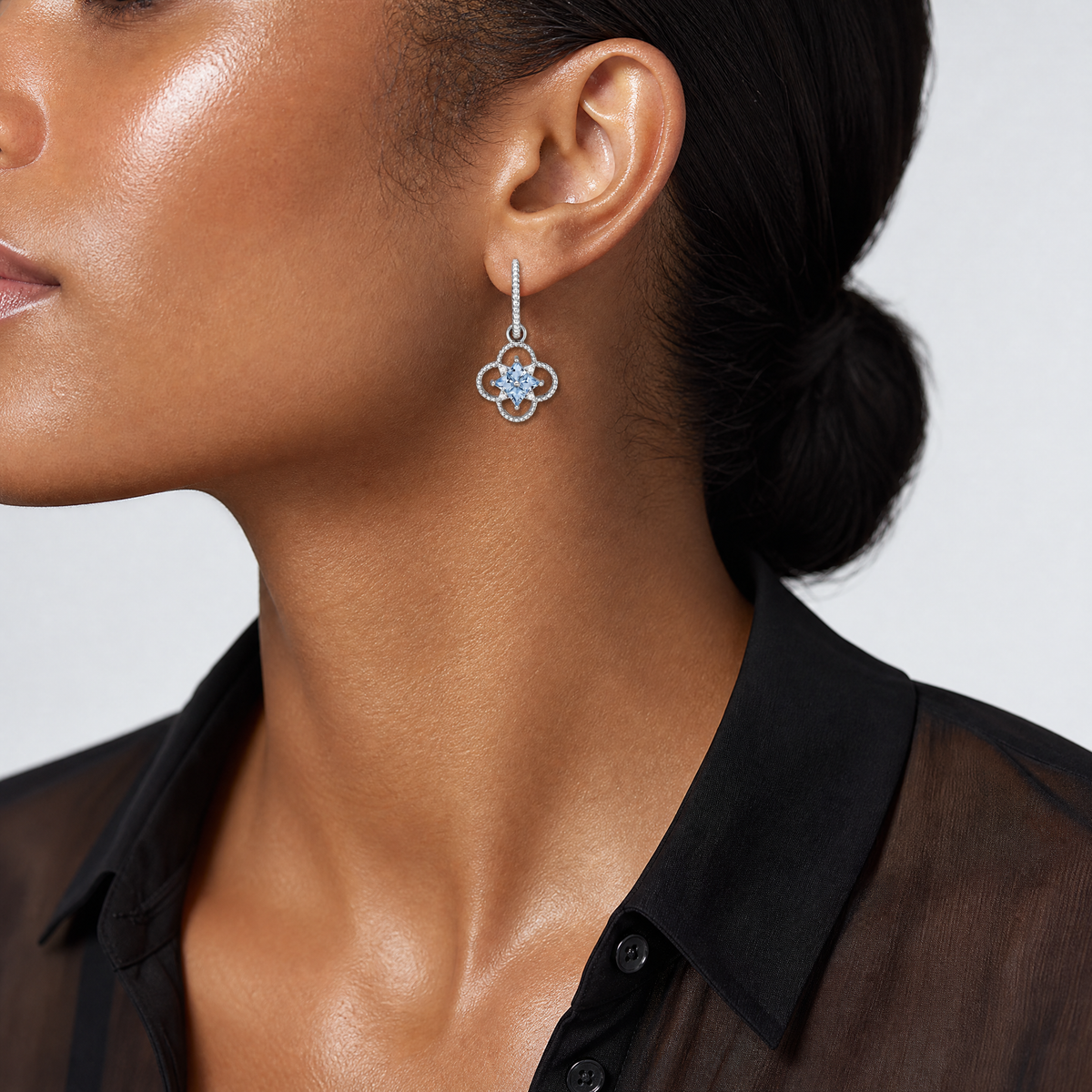 Sterling Silver RH-plated CZ  Removeable Clover Hoop Post Dangle Earrings - Model Shot