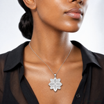 Sterling Silver Rhodium-plated Polished Textured Flower Pendant - Model Shot