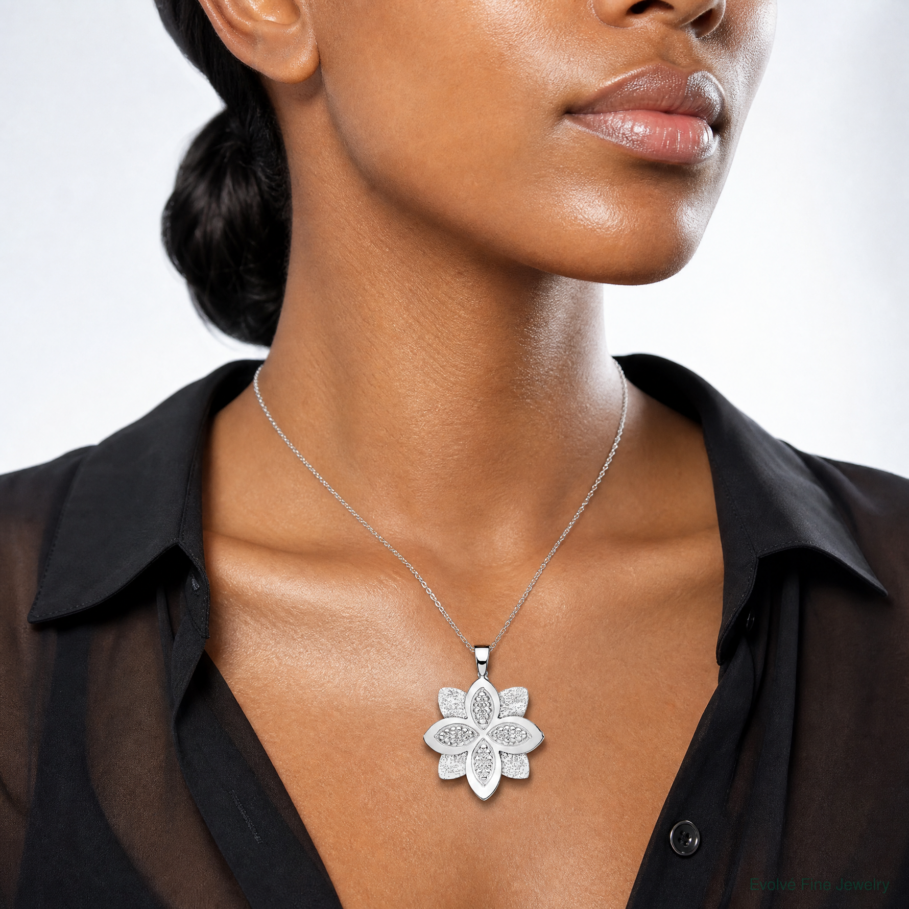 Sterling Silver Rhodium-plated Polished Textured Flower Pendant - Model Shot