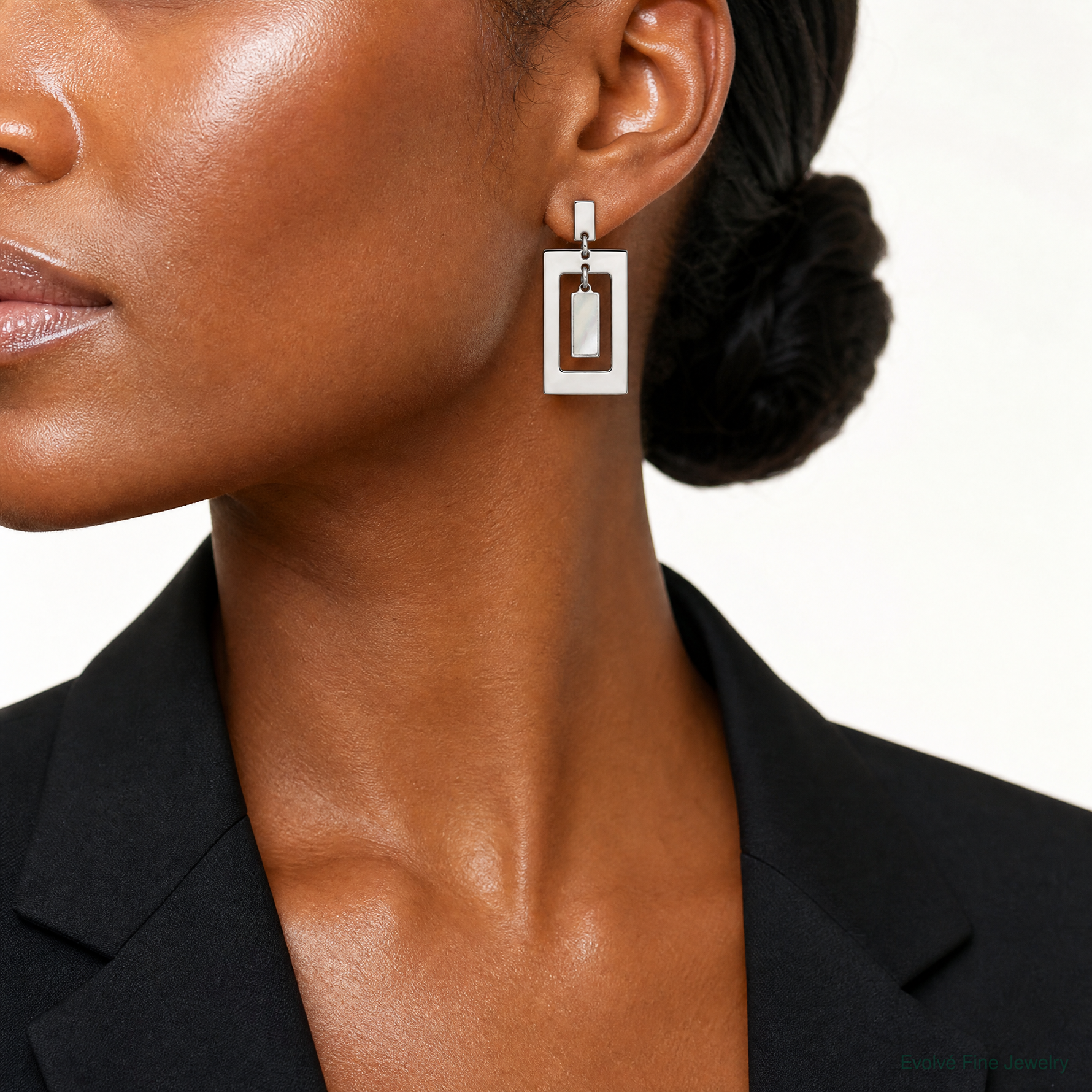 Sterling Silver Rectangle Mother of Pearl Post Dangle Earrings - Model Shot