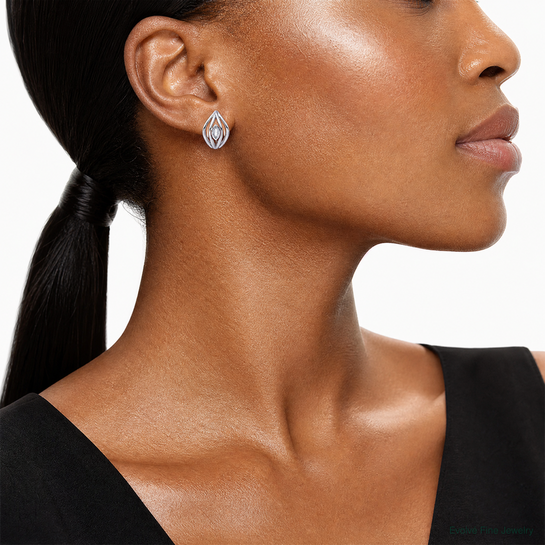 Sterling Silver Rhodium-plated CZ Polished Post J-Hoop Earrings - Model Shot