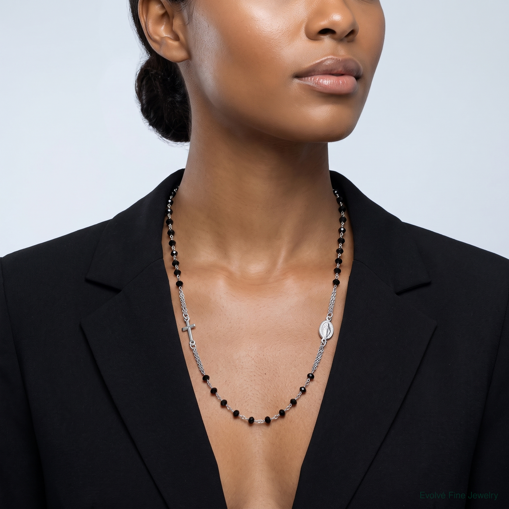 Sterling Silver Rh-plat Blk Crystal  20in w/.5in ext Rosary Themed Necklace - Model Shot