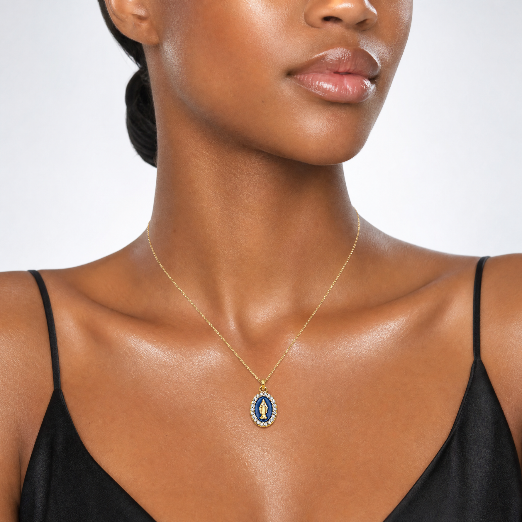 Sterling Silver Gold-plat CZ Enamel Miraculous Medal w/2in ext. Necklace - Model Shot