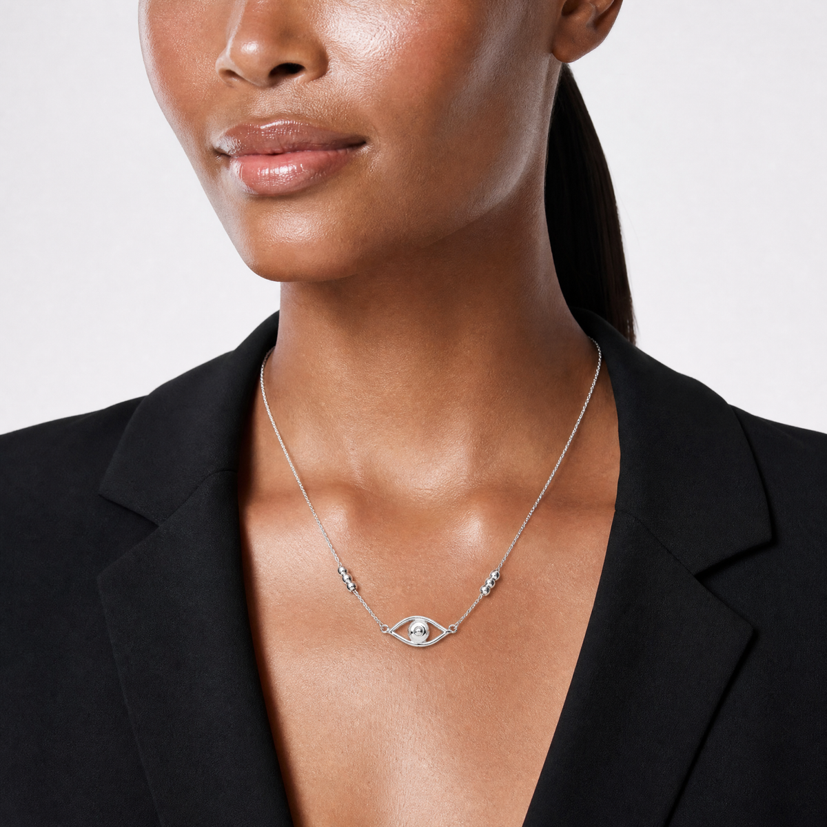 Sterling Silver Polished Evil Eye w/1in Ext Necklace - Model Shot