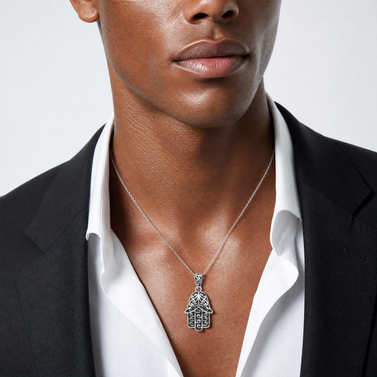 Sterling Silver RH-plated Polished/Oxidized Filigree Hamsa 18 Inch Necklace - Model Shot