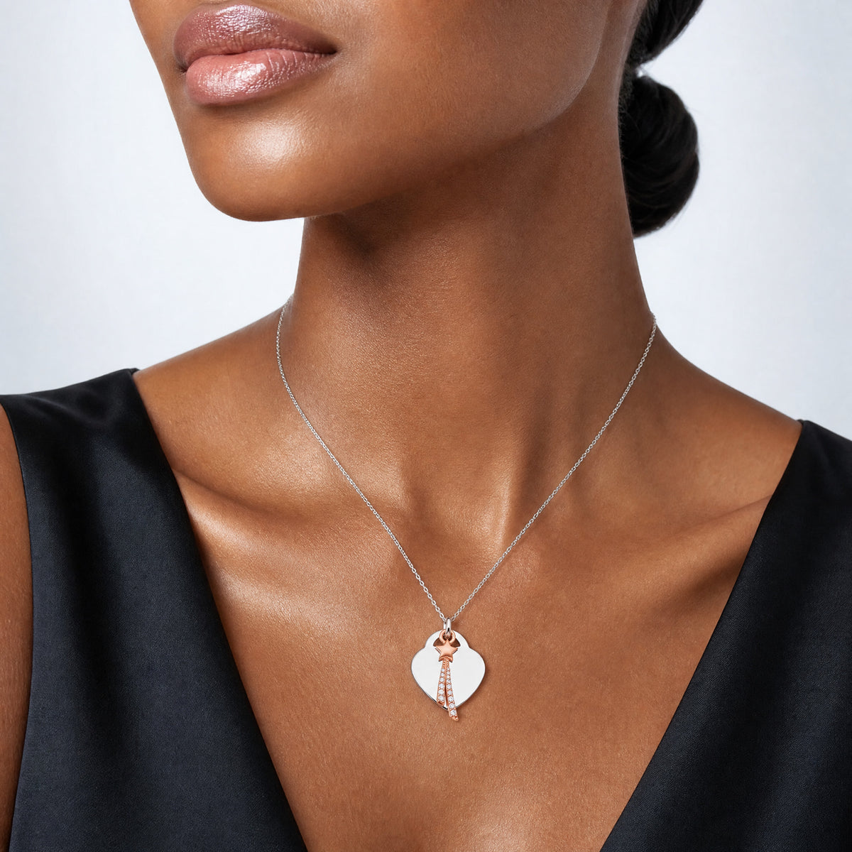 Sterling Silver Rose-tone Polished CZ Shooting Star and Heart Necklace - Model Shot