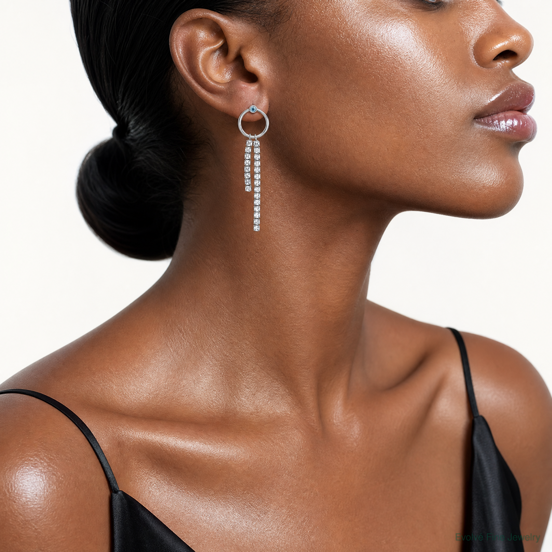 Sterling Silver Rhodium-plated Blue & White CZ Dangle Post Earrings - Model Shot