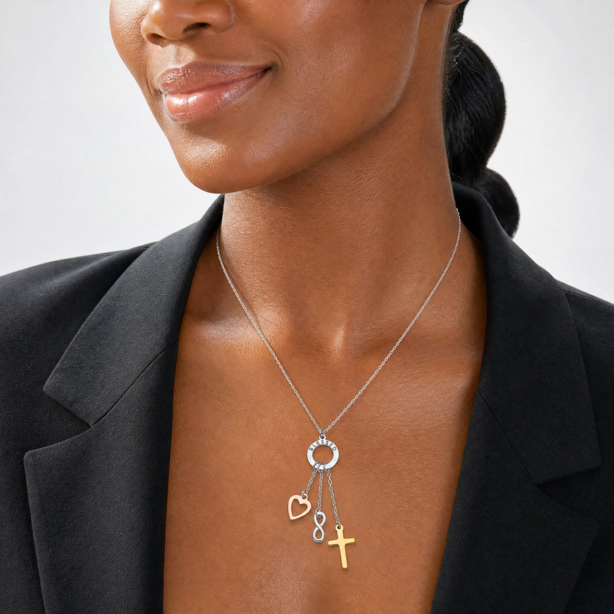 SS Gold and Rose-tone Heart Infinity and Cross BLESSED Necklace - Model Shot