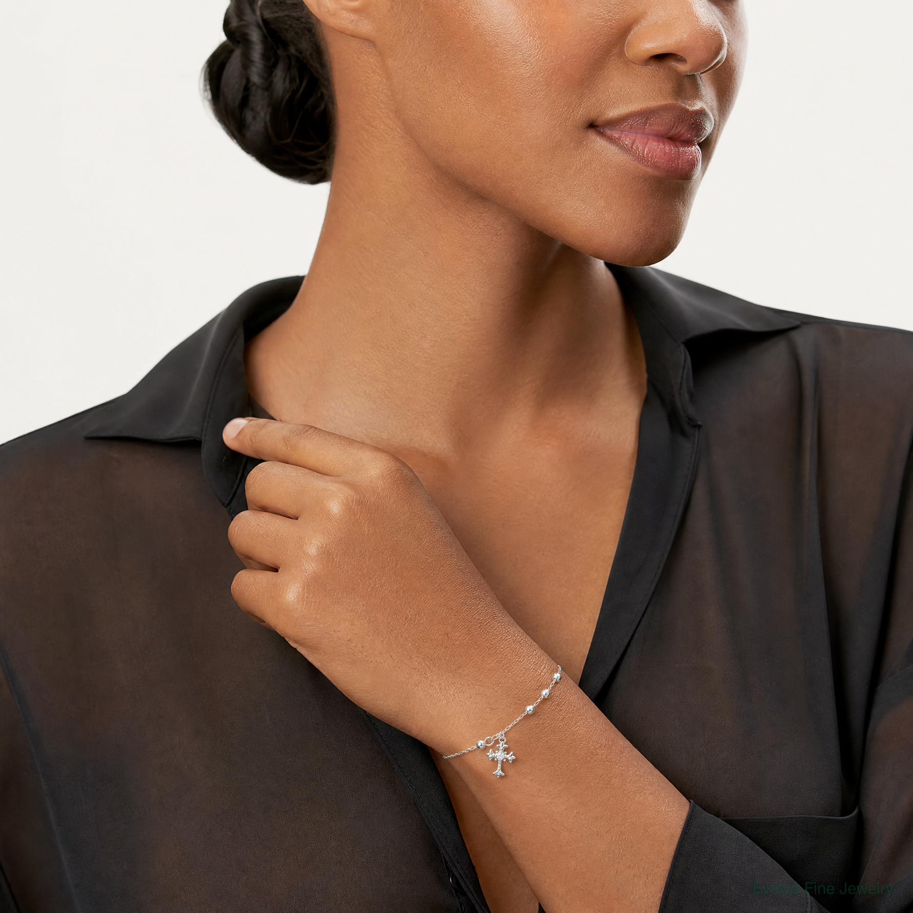 Sterling Silver Polished and Beaded CZ Cross Bracelet - Model Shot