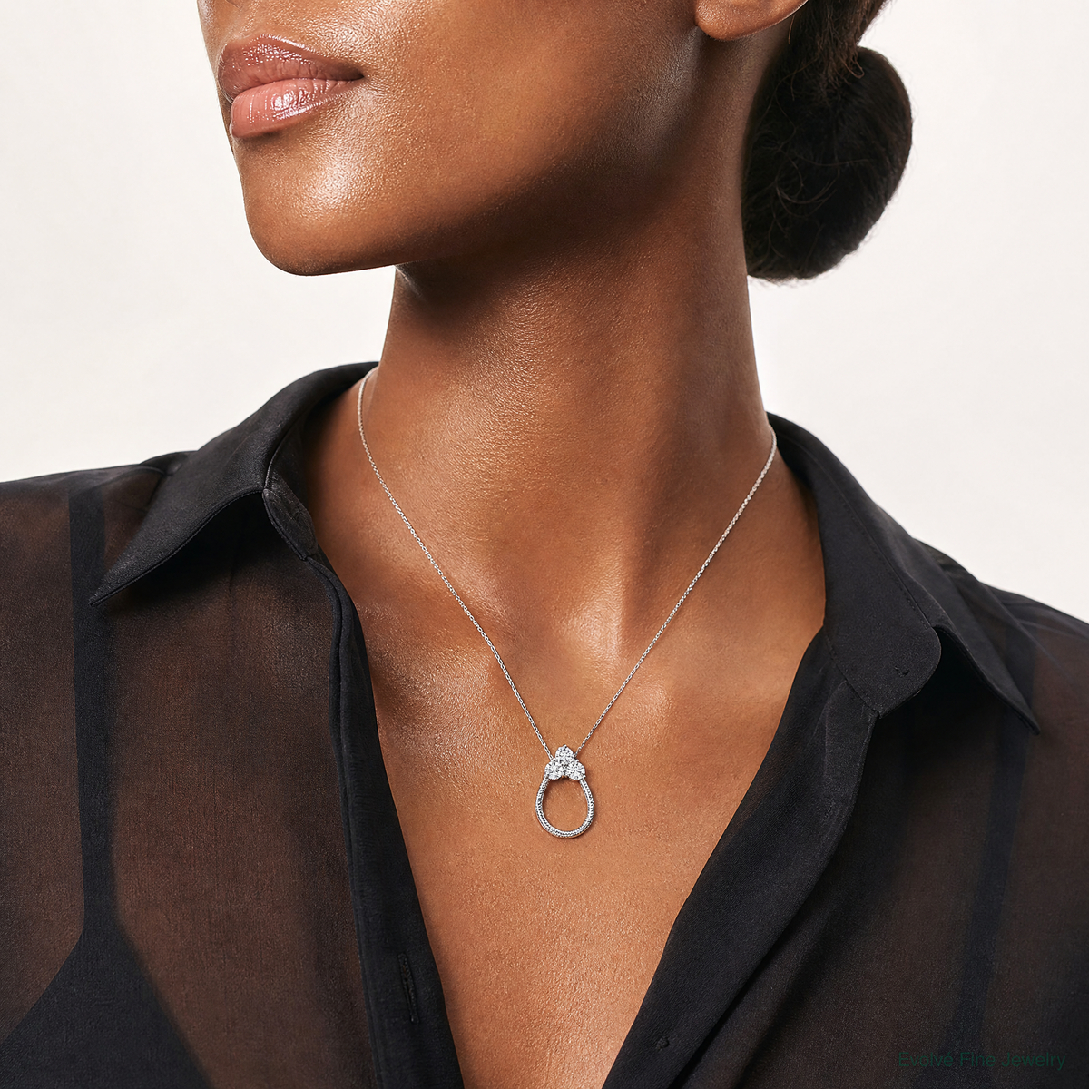 Sterling Silver Rhodium-plated CZ Textured Chain Slide Pendant - Model Shot